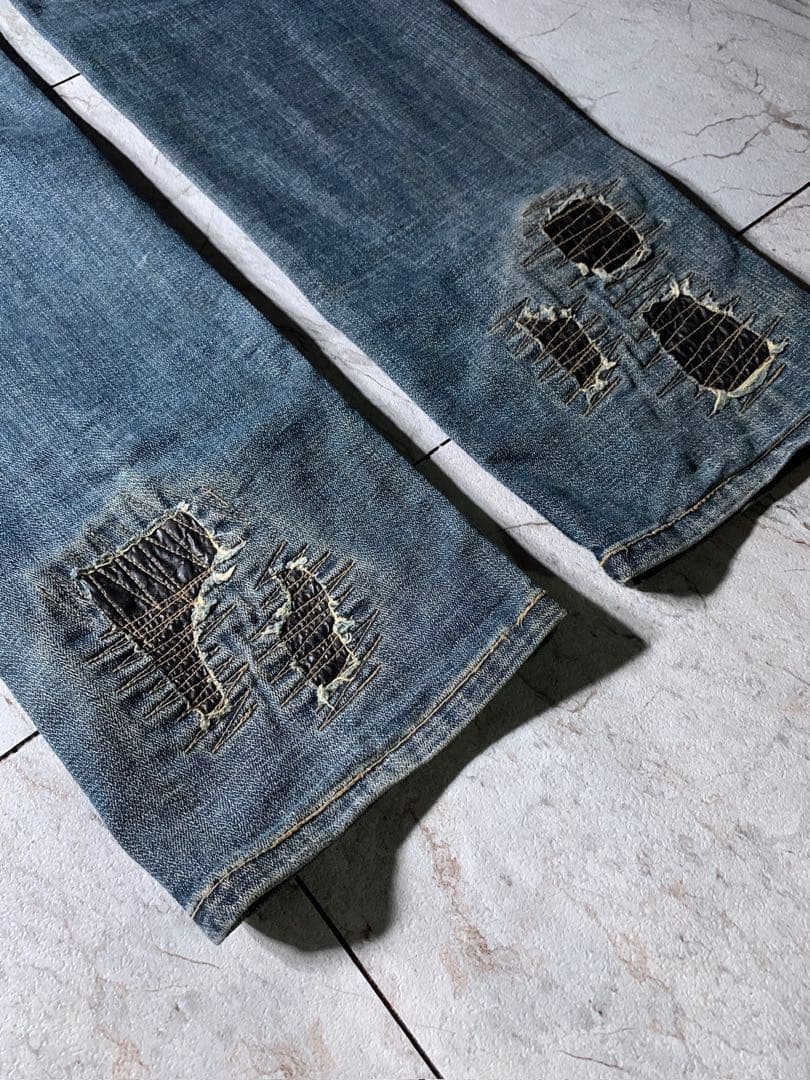 00s PPFM archive 立体 フェイクレザー ダメージ デニム Y2K