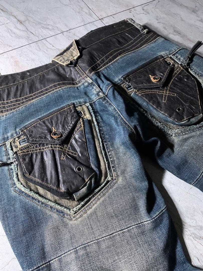 00s PPFM archive 立体 フェイクレザー ダメージ デニム Y2K