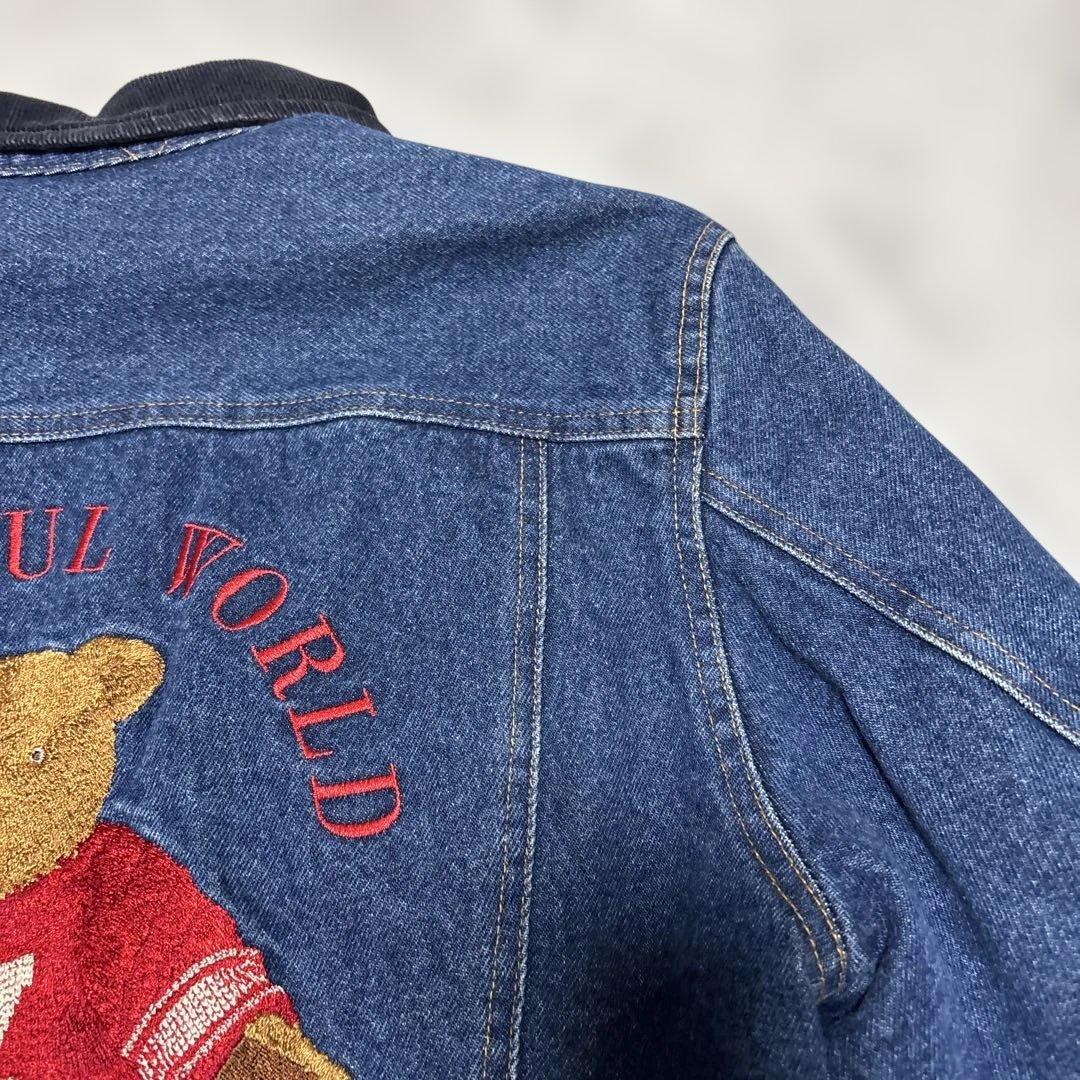 美品　ワンダフルワールド くま刺繍ワッペン デニムジャケット カネコイサオ　短丈