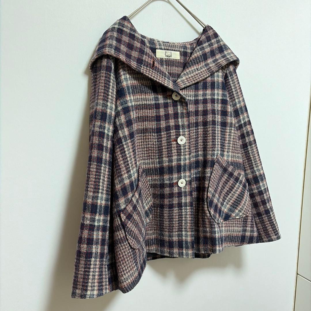 美品 コットンハウスアヤ コート アウター チェック ナチュラル 日本製 M