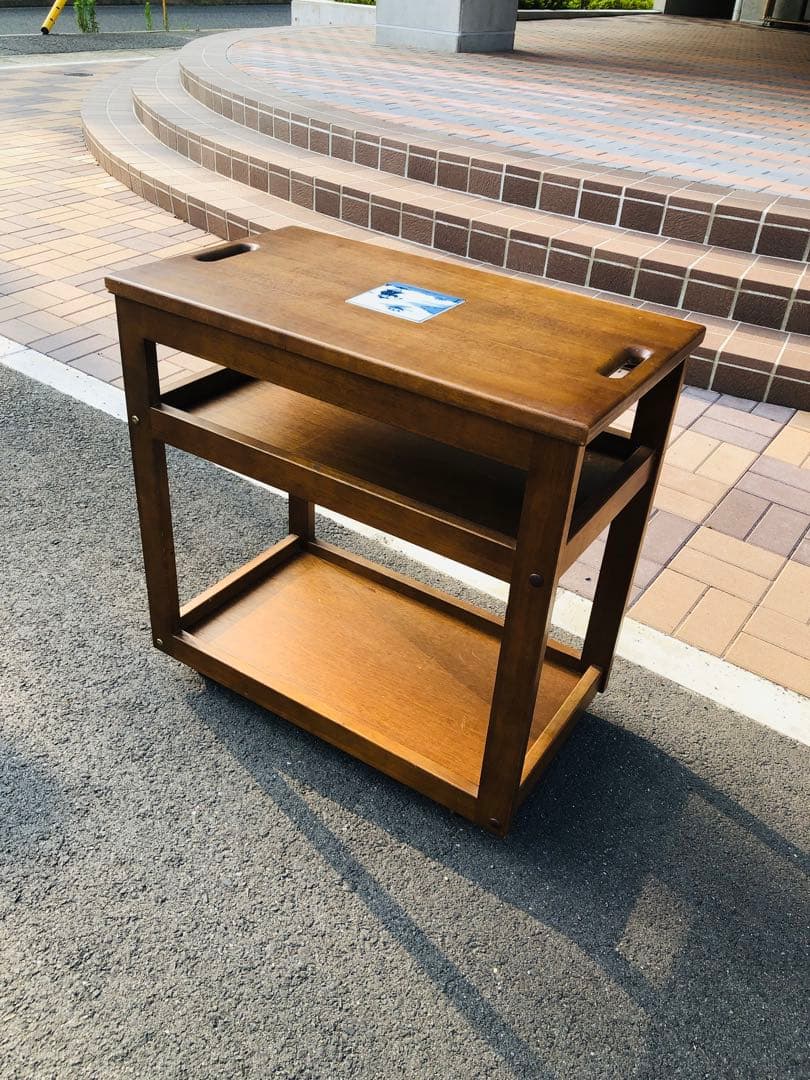 可愛い　木製キッチンワゴン 2段棚付き　石タイル