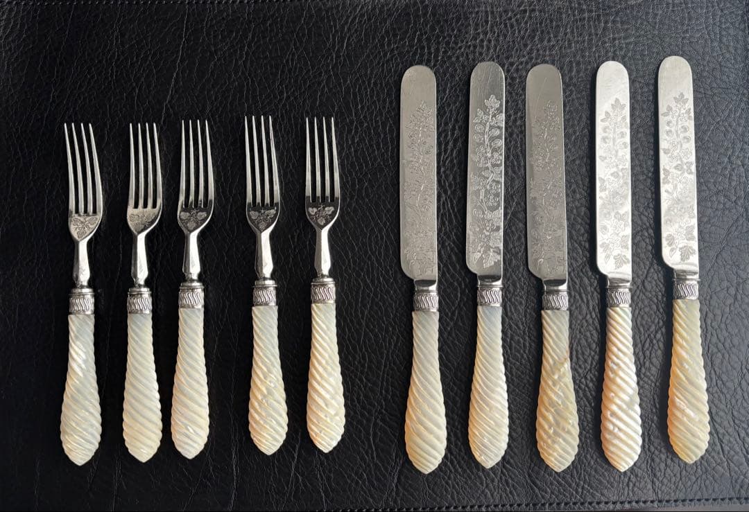 マッピンウエッブ　シルバー　白蝶貝　デザートフォークとナイフセット5組10本