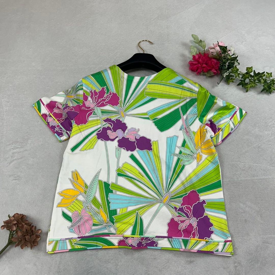 K801 新品未使用 L レオナール ロゴ刺繍 花柄 カットソー レディース