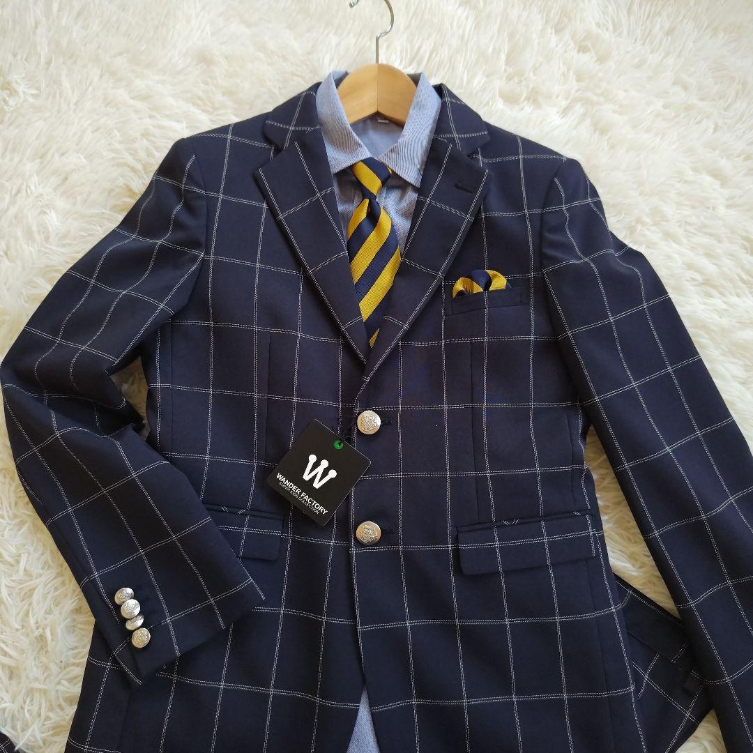 ワンダーファクトリー フォーマル スーツ 卒服 卒業式 ネイビー チェック 5点