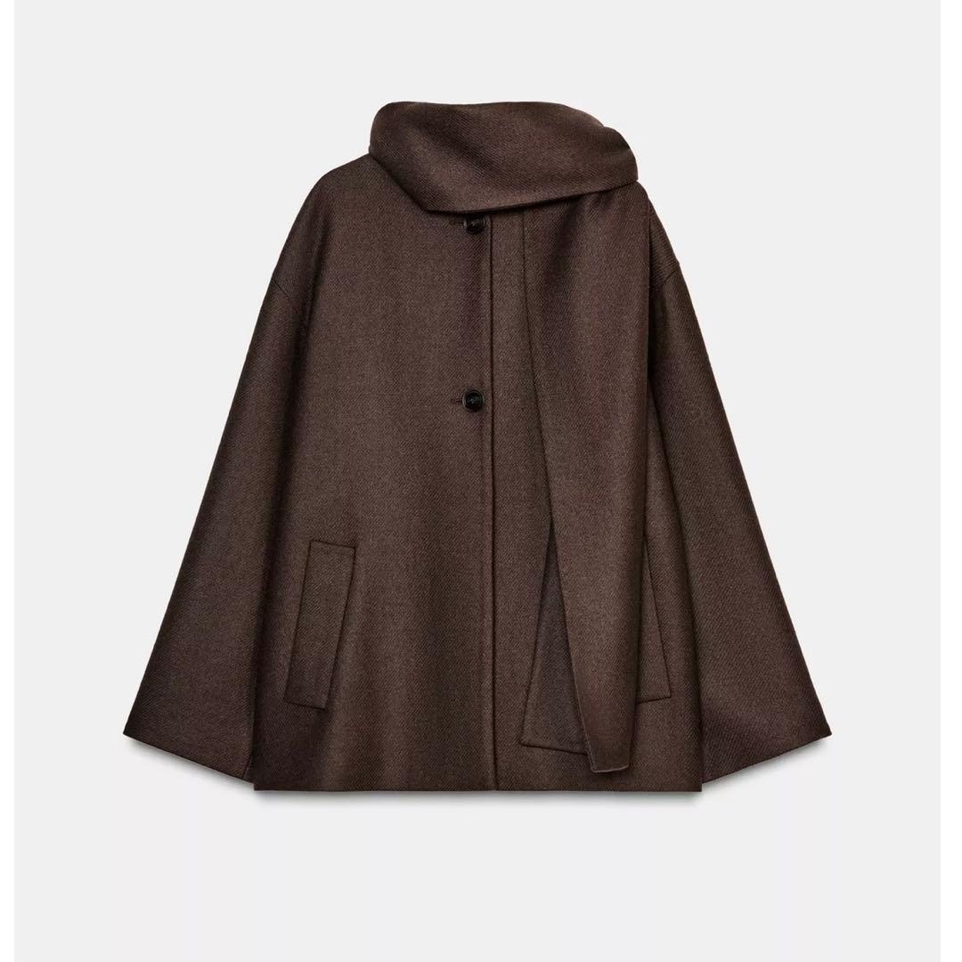 ZARA 今期 ウールショートスカーフコート ブラウン Mサイズ