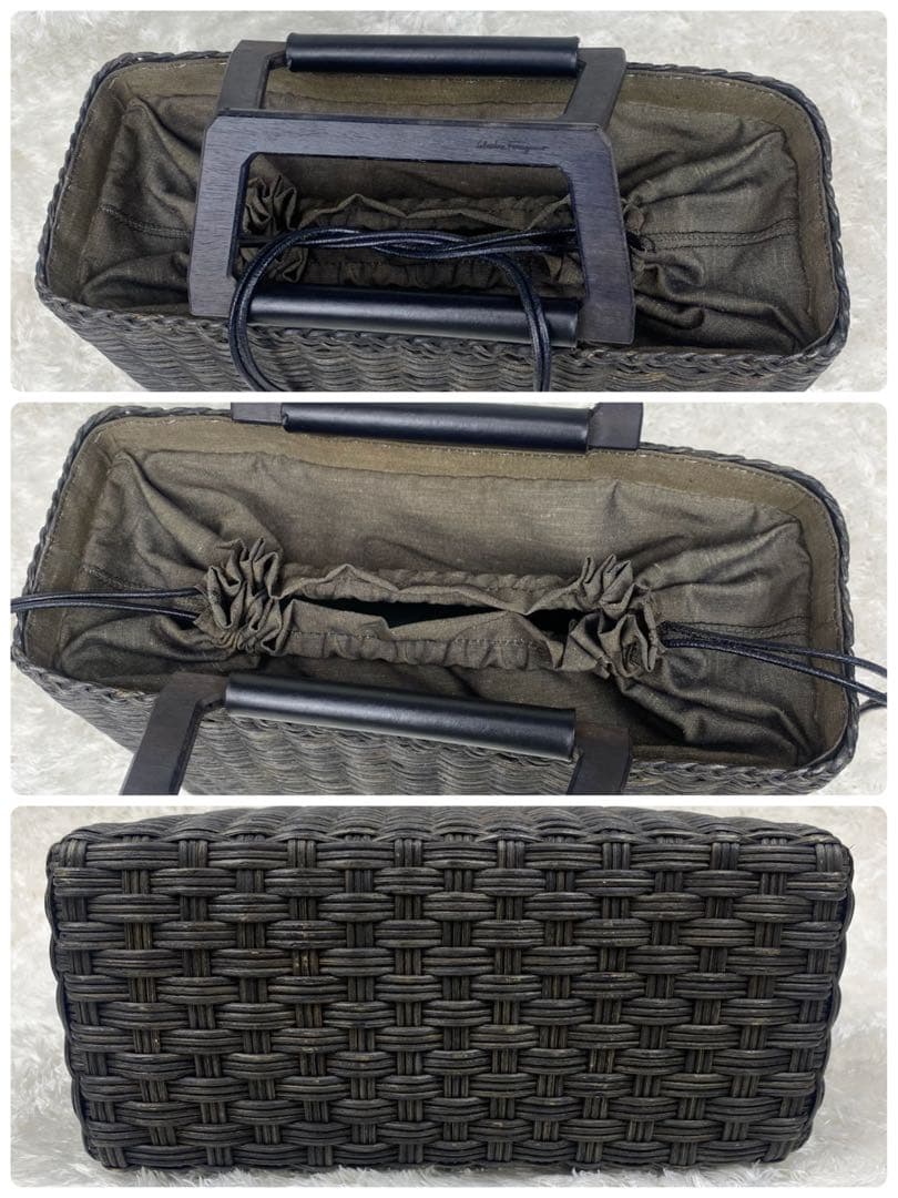 【希少✨良品】サルヴァトーレフェラガモ　ラタン　かごバッグ　巾着　黒　レザー　籐