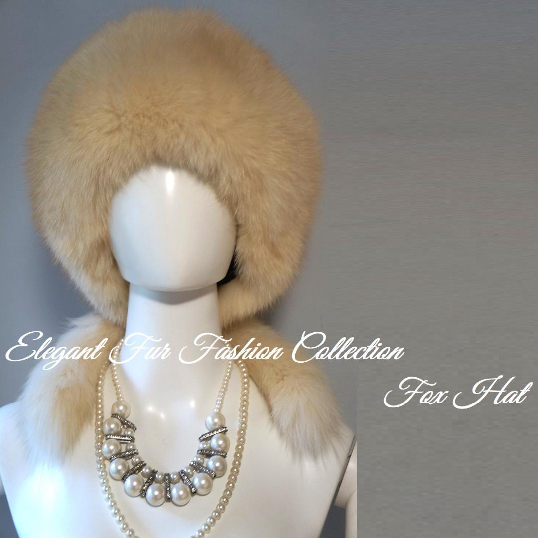 冬の街を彩る☆優雅なパールベージュフォックスファーハット新品本物毛皮帽子ふわふわ