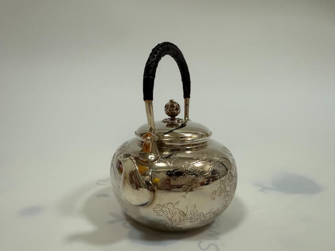 純銀製 花彫 湯沸 銀瓶 煎茶道具