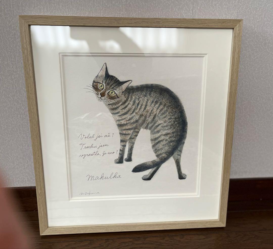 真作　出久根育　肉筆画　絵画　イラスト　アート　カレンダー原画　ネコ