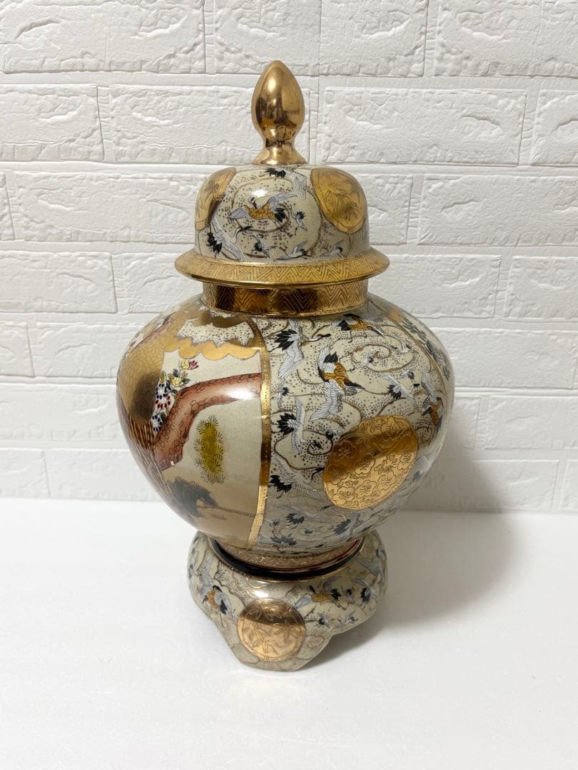 薩摩焼/栄盛窯/瀧山 作/金襴飾壷/骨董/飾壷インテリア/オブジェ/花生/三段壷