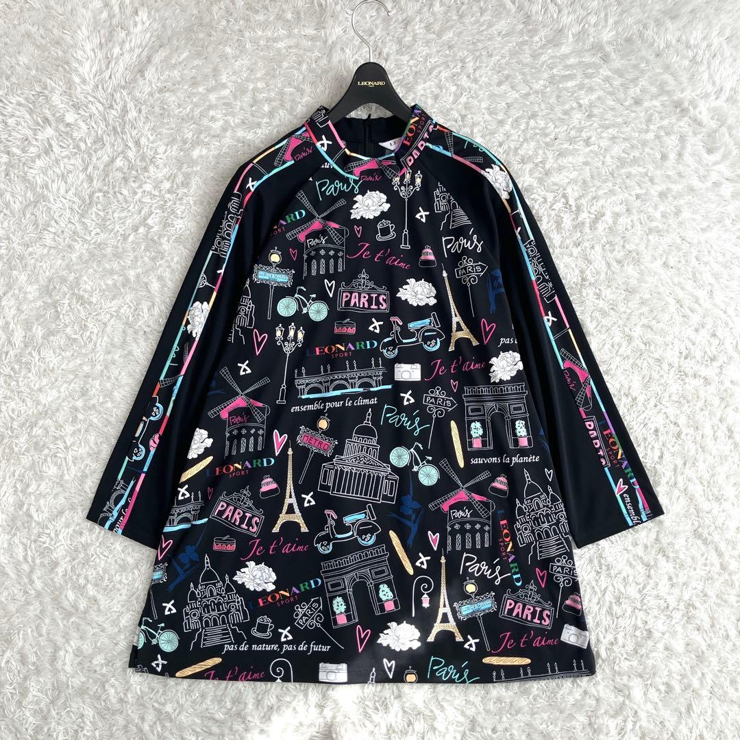 未使用級✨レオナール チュニック トリム パリ柄 花 ハイネック 黒 42
