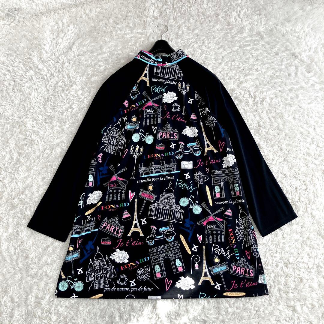 未使用級✨レオナール チュニック トリム パリ柄 花 ハイネック 黒 42