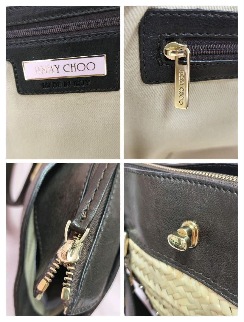 美品 JIMMY CHOO ストロー レザー トートバッグ かごバッグ 舟形