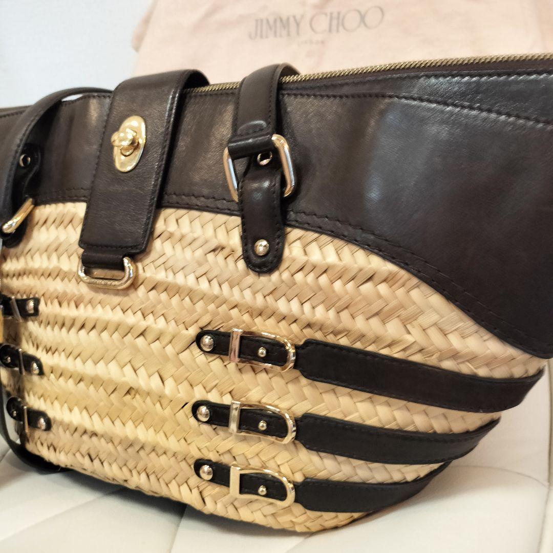 美品 JIMMY CHOO ストロー レザー トートバッグ かごバッグ 舟形