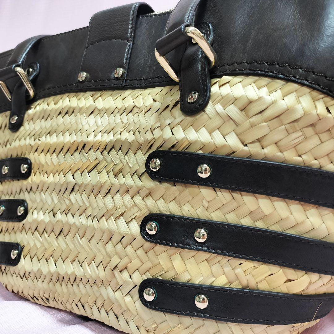 美品 JIMMY CHOO ストロー レザー トートバッグ かごバッグ 舟形