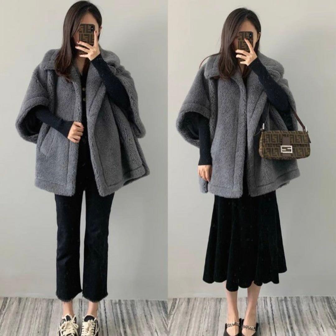 テディベア ポンチョ　ケープコート 試着のみ美品　グレー