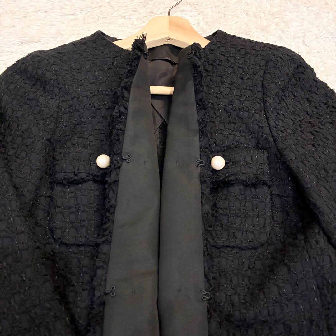ANAYI ミックスツイード ノーカラー ハーフジャケット パールボタン 黒