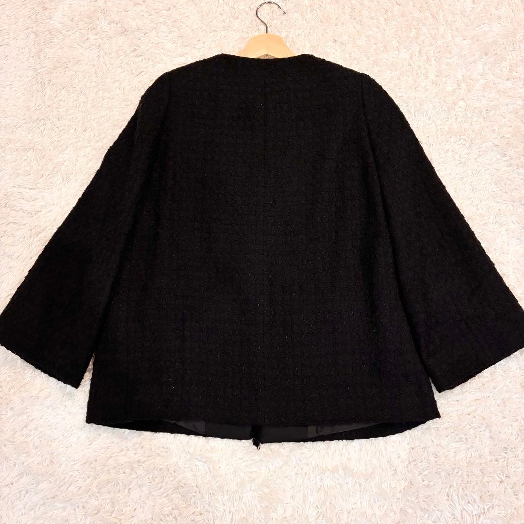 ANAYI ミックスツイード ノーカラー ハーフジャケット パールボタン 黒