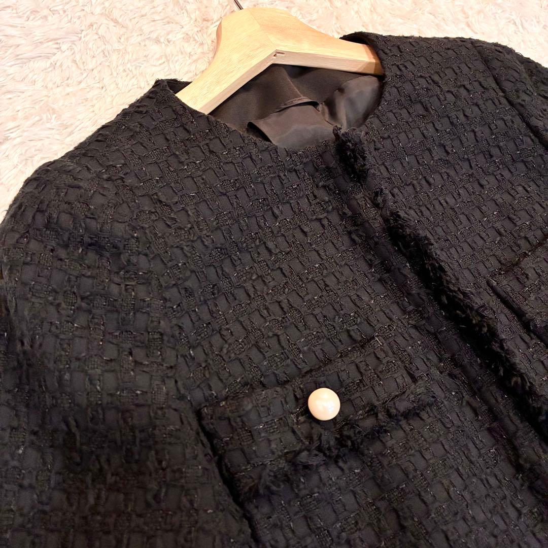 ANAYI ミックスツイード ノーカラー ハーフジャケット パールボタン 黒