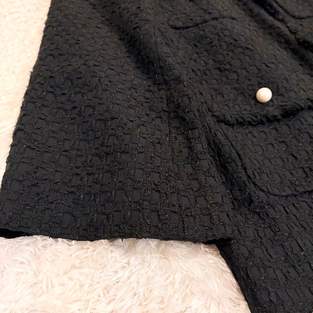 ANAYI ミックスツイード ノーカラー ハーフジャケット パールボタン 黒