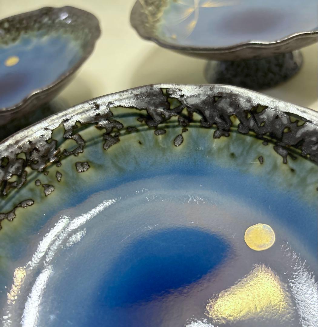 有田焼 堅窯 南蛮瑠璃 高台皿 5客 陶芸 南蛮ルリ 刺身皿 盛皿 ススキ 月見