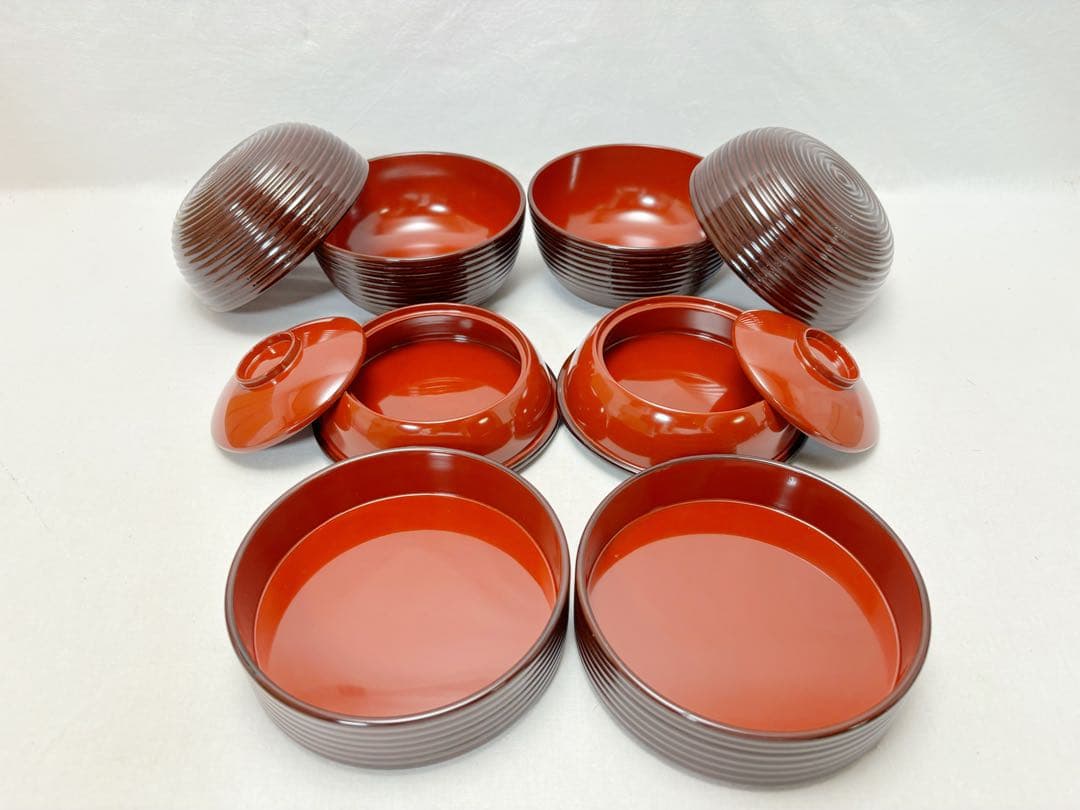 未使用 懐石道具 木製溜塗 信玄三段弁当 2客揃 千筋 内朱 重箱 会席 紙箱