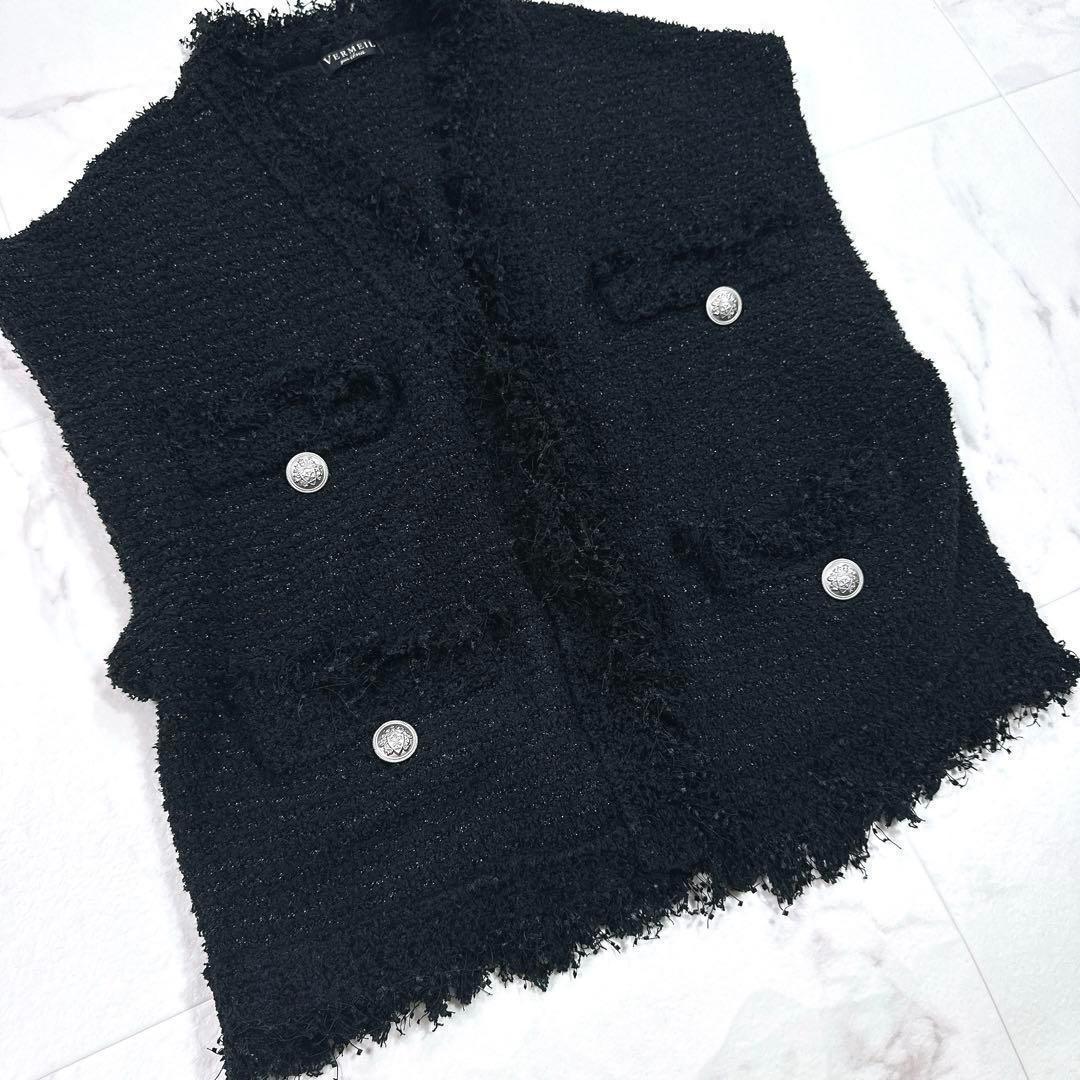 ヴェルメイユ パー イエナ ブークレニットジャガードベスト ジレ　ツイード　黒
