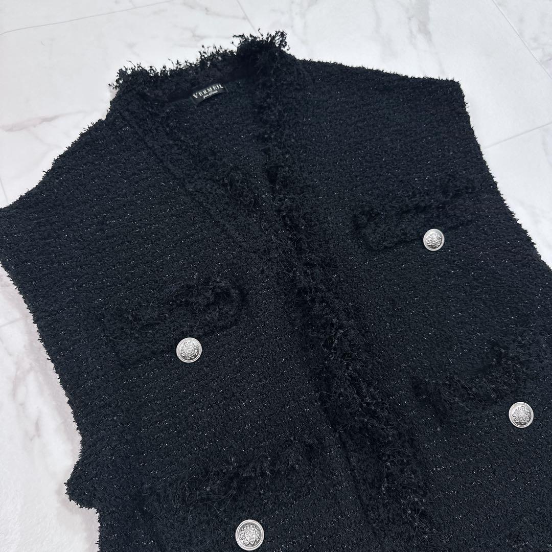 ヴェルメイユ パー イエナ ブークレニットジャガードベスト ジレ　ツイード　黒