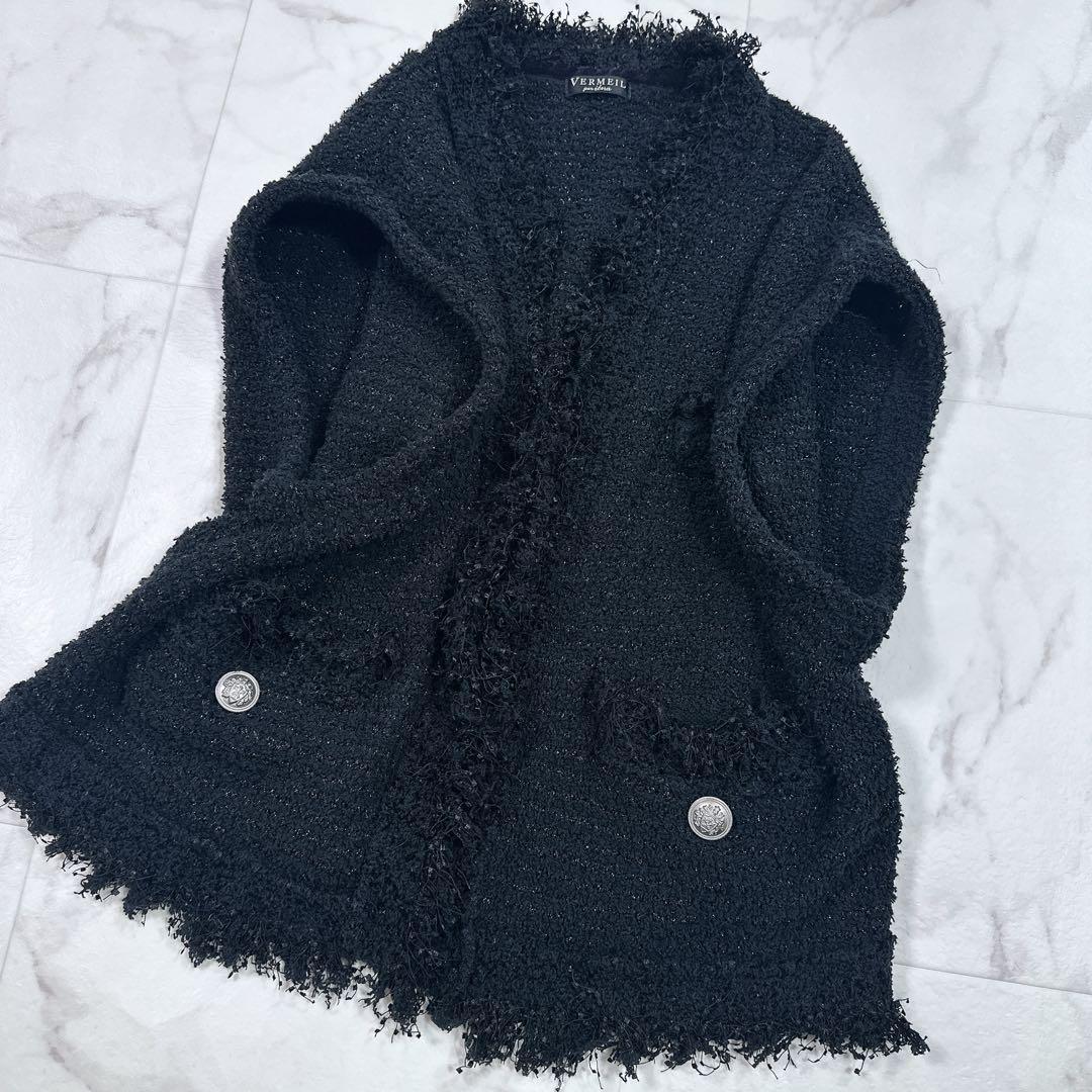 ヴェルメイユ パー イエナ ブークレニットジャガードベスト ジレ　ツイード　黒