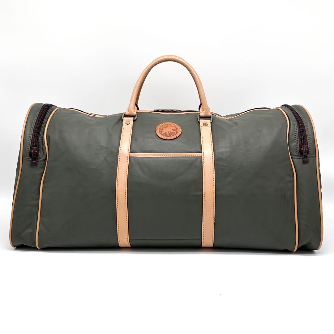 【特大】ハンティングワールド ボストンバッグ バチュークロス 外ポケットカーキ