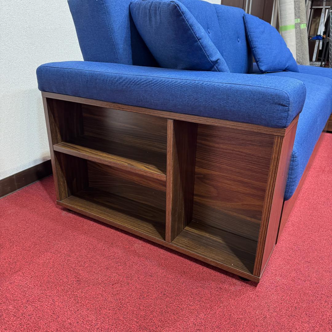 東京23区送料無料 美品モダンデコ二人掛けソファー／ベッド　収納有ネイビーブルー