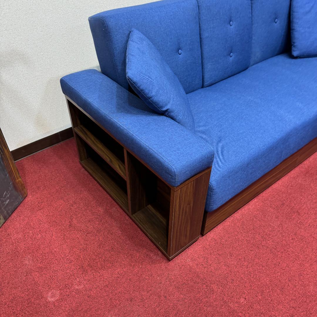 東京23区送料無料 美品モダンデコ二人掛けソファー／ベッド　収納有ネイビーブルー