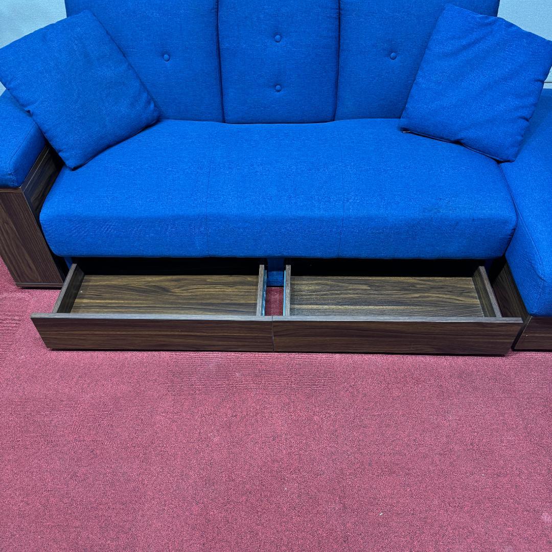東京23区送料無料 美品モダンデコ二人掛けソファー／ベッド　収納有ネイビーブルー