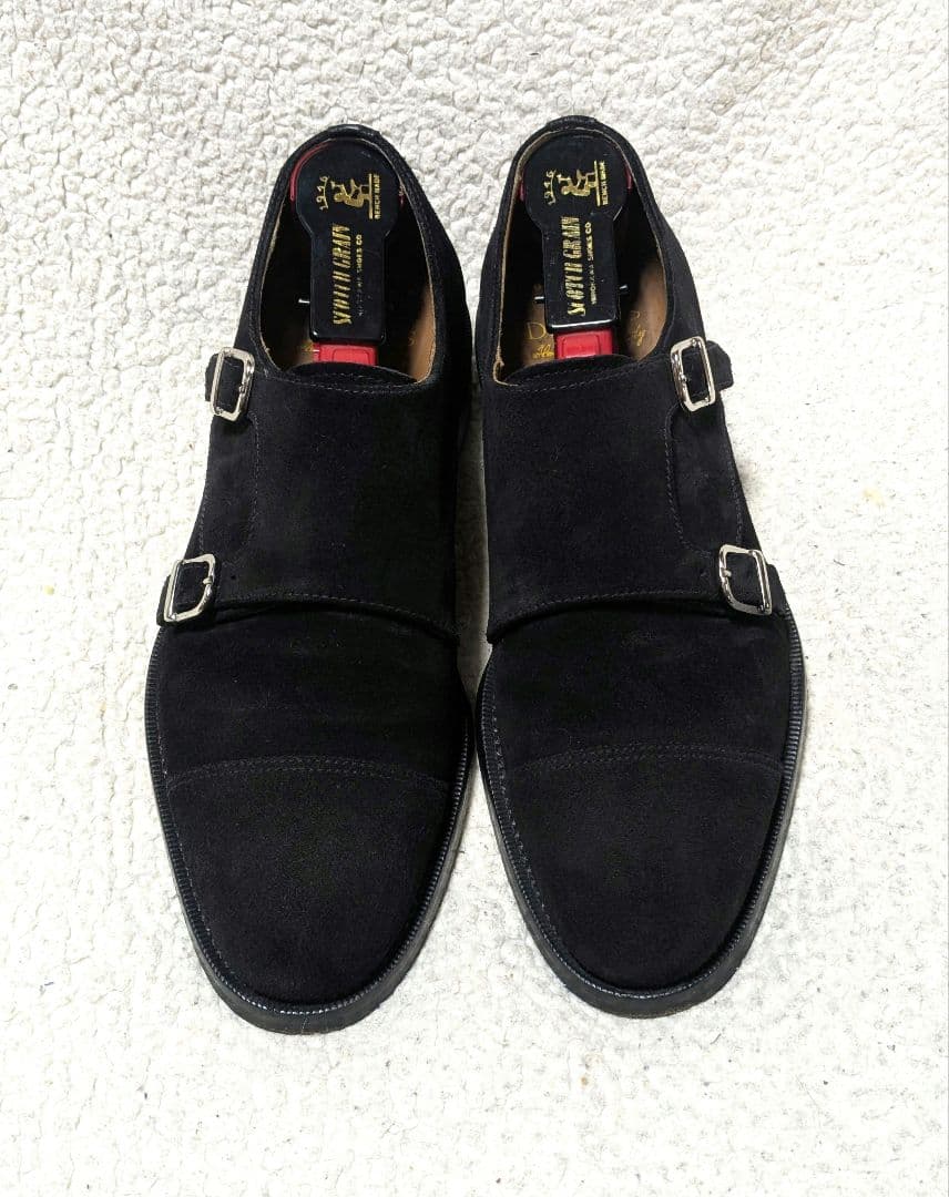 DOUCAL'S黒 スエード ダブルモンクストラップシューズ