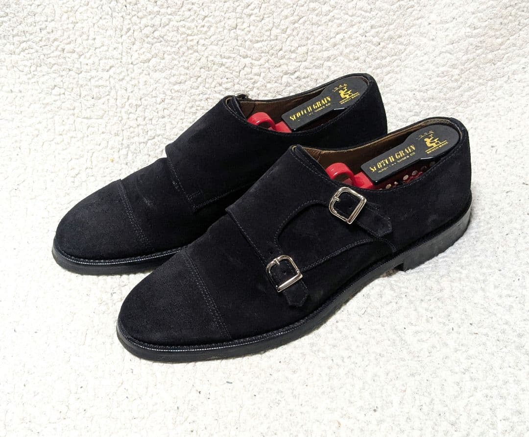 DOUCAL'S黒 スエード ダブルモンクストラップシューズ