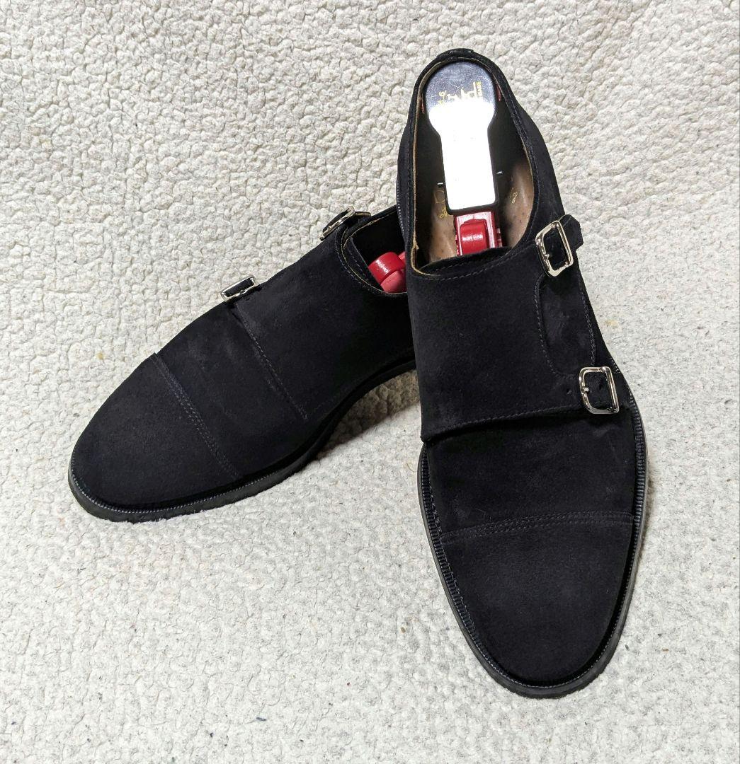 DOUCAL'S黒 スエード ダブルモンクストラップシューズ