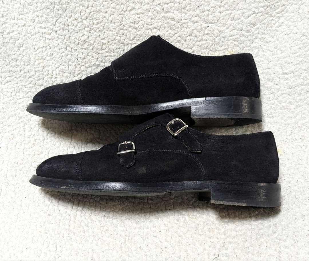 DOUCAL'S黒 スエード ダブルモンクストラップシューズ