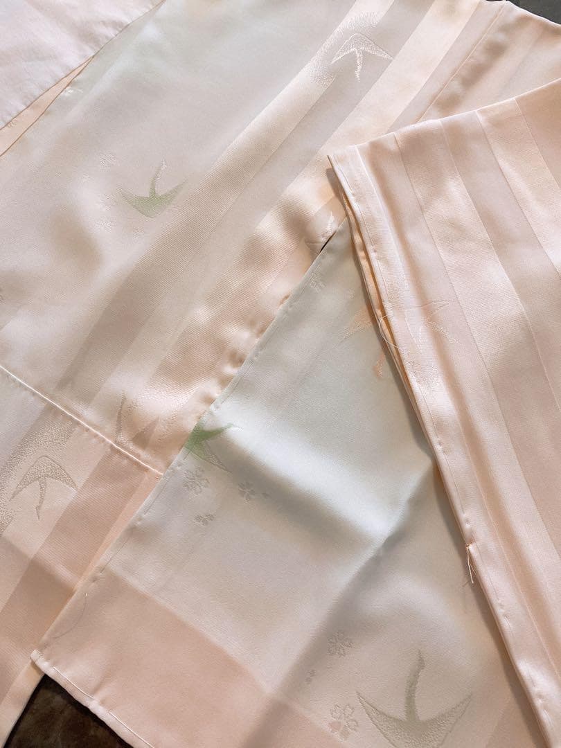 J48新品　正絹袷長襦袢　夢二落款　鶴模様　コーラルピンク 半衿付き