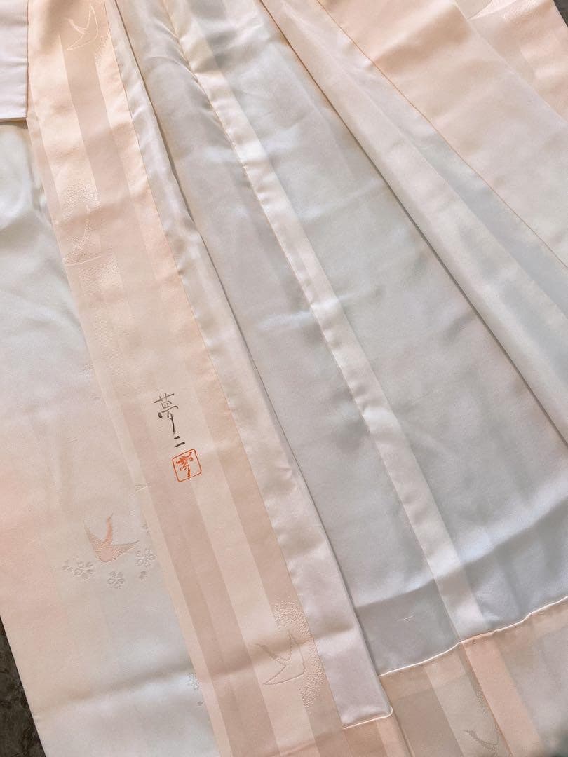 J48新品　正絹袷長襦袢　夢二落款　鶴模様　コーラルピンク 半衿付き