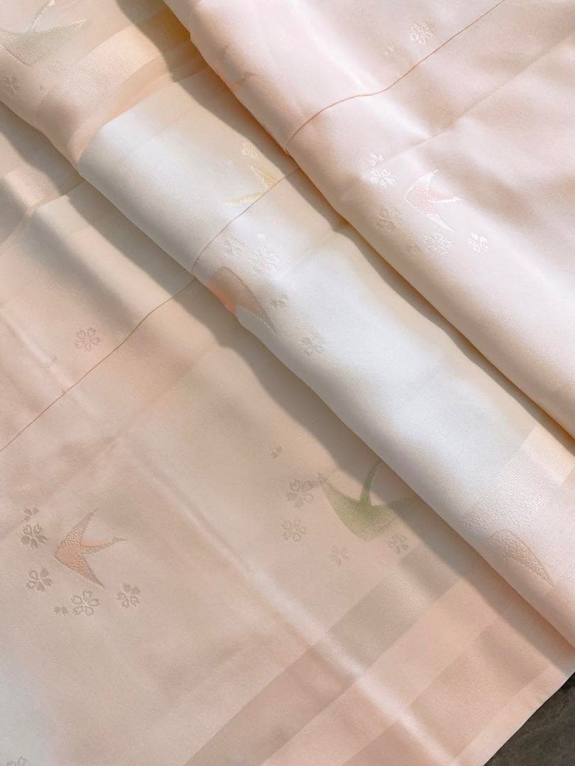 J48新品　正絹袷長襦袢　夢二落款　鶴模様　コーラルピンク 半衿付き