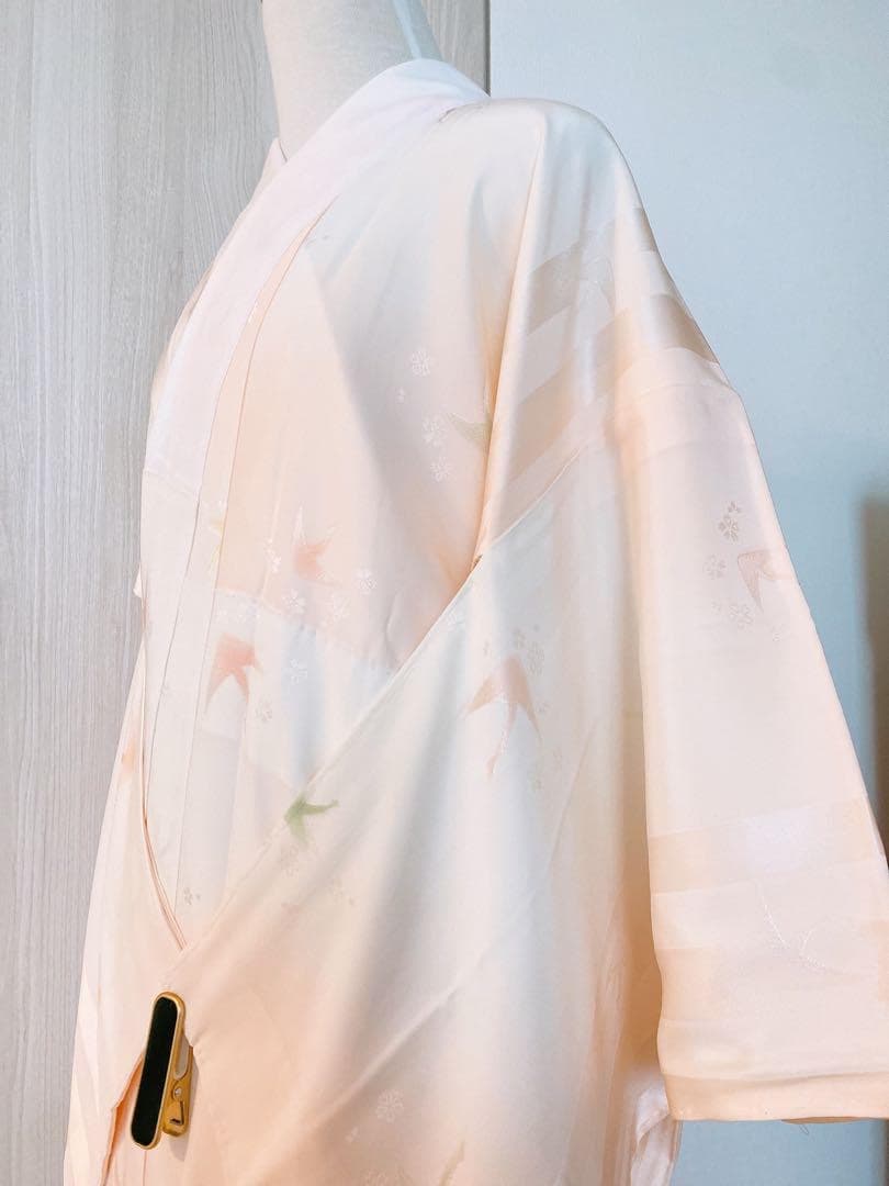 J48新品　正絹袷長襦袢　夢二落款　鶴模様　コーラルピンク 半衿付き