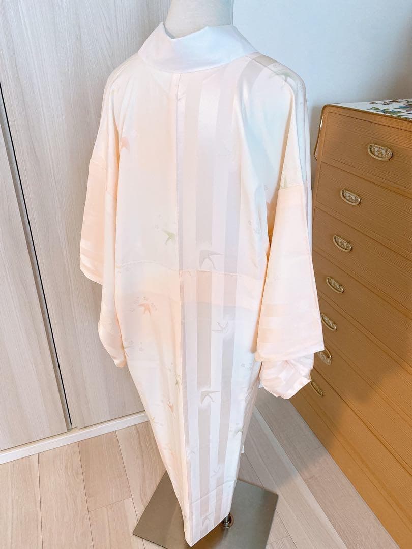 J48新品　正絹袷長襦袢　夢二落款　鶴模様　コーラルピンク 半衿付き