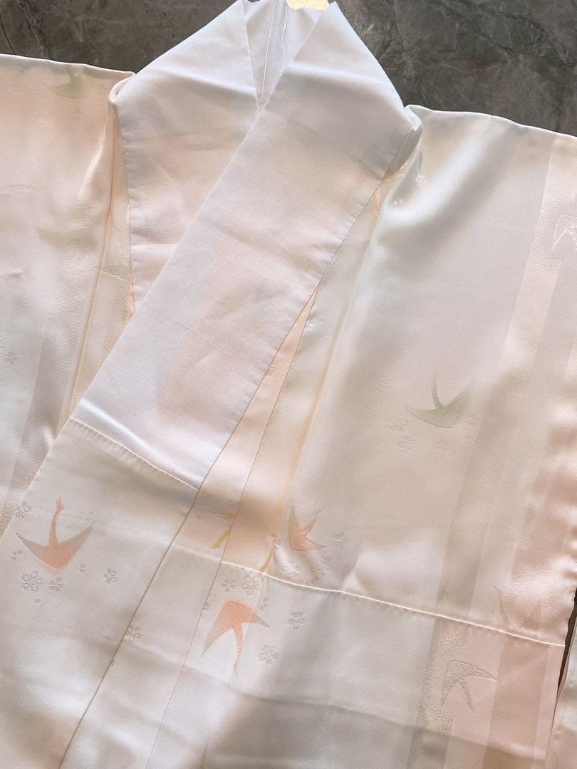J48新品　正絹袷長襦袢　夢二落款　鶴模様　コーラルピンク 半衿付き