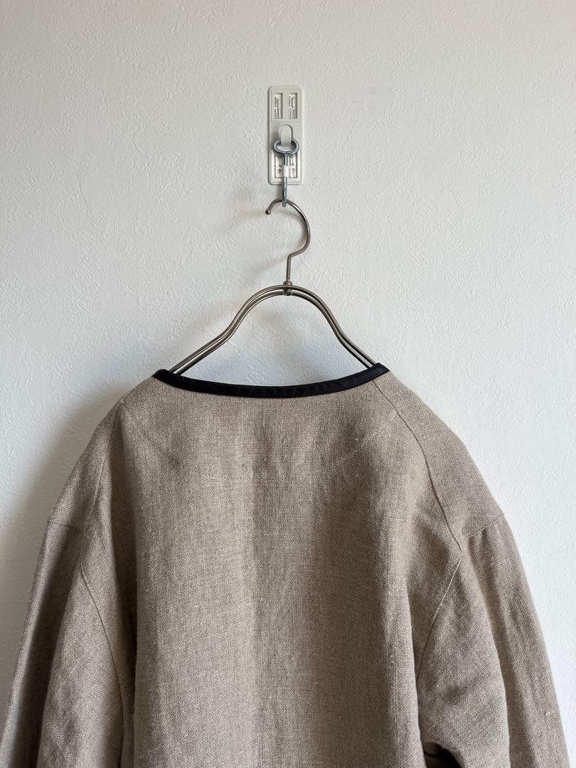 美品☆La Favola☆リネン × レザー ノーカラー パイピングジャケット