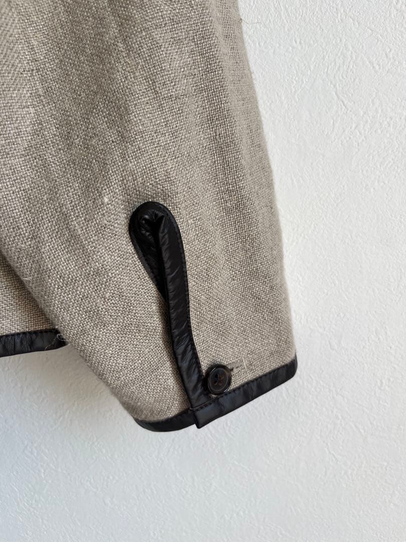 美品☆La Favola☆リネン × レザー ノーカラー パイピングジャケット