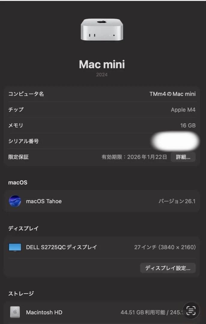Mac mini M4 16GB 256GB 限定保証〜26/1/22
