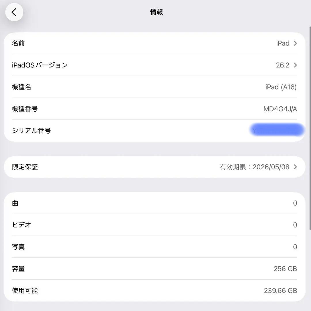 【超美品】256GB*iPad A16*シルバー*wi-fiモデル*限定保証あり