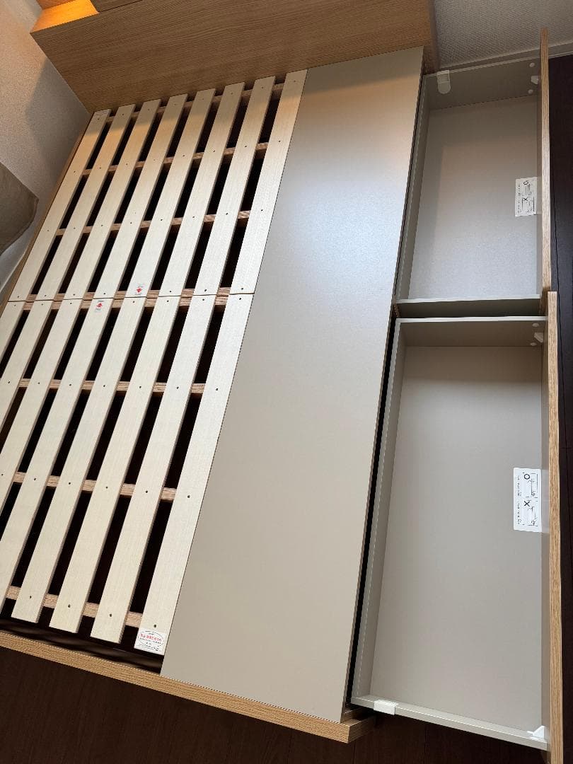 (予約済み)すのこダブルベッドフレーム(KG 宮・照明付き 深型 LBR