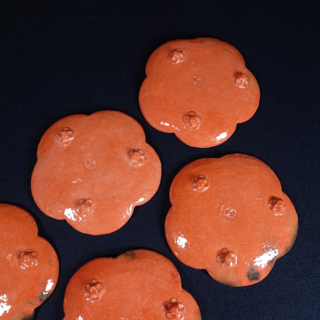 川崎和楽 赤楽 捻梅 銘々皿 5客 共箱