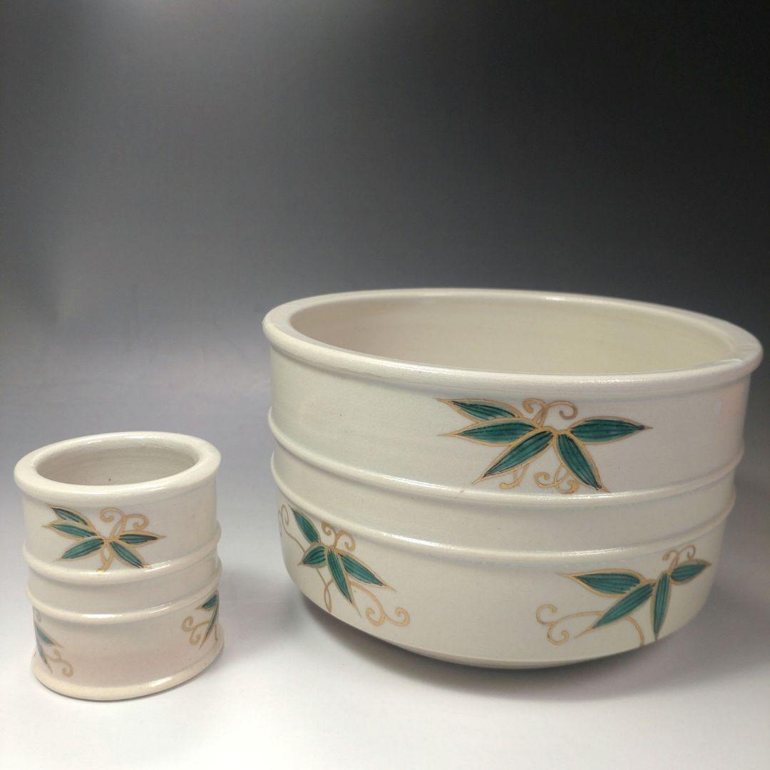 イ50 皆具『犬山　竹の絵　在銘　共箱』茶道具　水指杓立蓋置建水